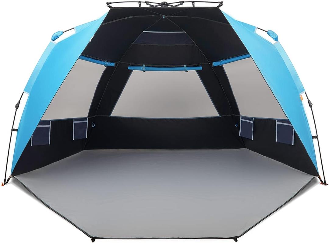 Easthills Outdoors Instant Shader Dark Shelter XL Beach Tent 99" Wide for 4-6 Person Sun Shelter UPF 50+ with Extended Zippered Porch Pacific Blue