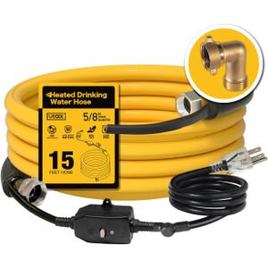 UTOOL 15 FT Heated Water Hose for RV Camper with 90 Degree Elbow, NSF 372 Drinking Water Certified Garden Hose, Automatic Thermostat Antifreeze Protection to -40F, 5/8" ID, 3/4" GHT Adapter