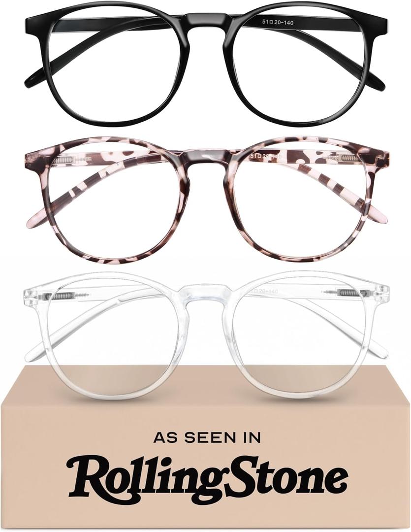 IBOANN Chic & Comfy Blue Light Glasses for Women - 3-Pack Round Frames, Screen-Ready Style with UV Protection Coating (*A1 Light Black & Leopard & Transparent)