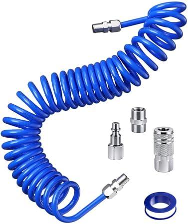 SARDVISA 25 Feet Repairable PU Recoil Air Hose, Air Compressor Hose with 1/4" NPT Industrial Universal Quick Coupler and I/M Plug Kit, 200PSI Max Air Tool Hose
