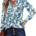 Womens V Neck Long Sleeve Blouses Tops 2025 Fall Fashion Ruffle Cuffs Dressy Casual T-Shirts (Large, Apricot Blue Floral)