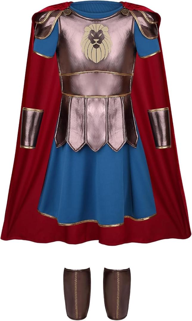 LMYOVE Roman Warrior Costume for Kids, Medieval Gladiator Costume Boy, Spartan Soldier Knight Costume for Halloween Role Play (XL(12-14Y), Blue and Red)