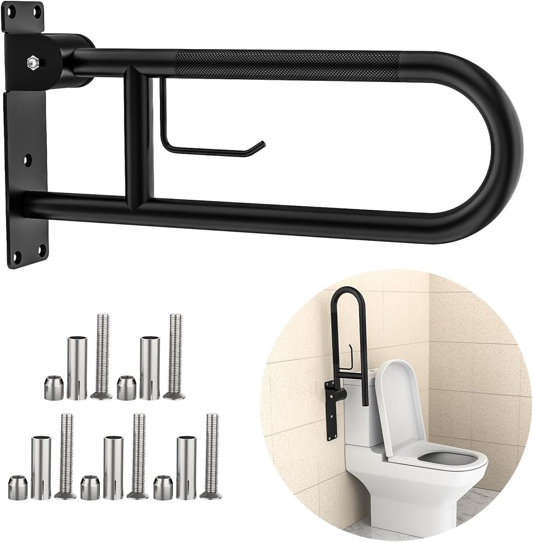 Toilet Grab Bar 22.4 Inch, YuanDe Flip Up Grab Bar with Paper Holder, Matte Black Anti-Slip Safety Bars for Toilet, Stainless Steel Knurled Toilet Handles for Seniors Disabled Elderly Pregnant