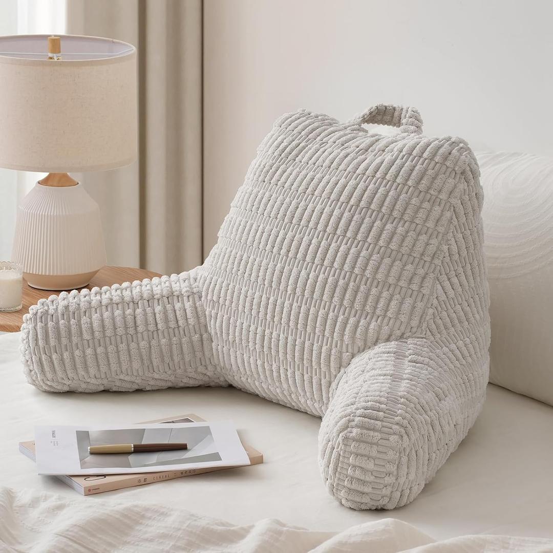 Blissful Diary Reading Pillow, Backrest Pillow with Shredded Memory Foam for Adult & Children, Designed for Bed and Couch Sitting Up, Includes Arms, Pockets and Washable Cover, Light Gray