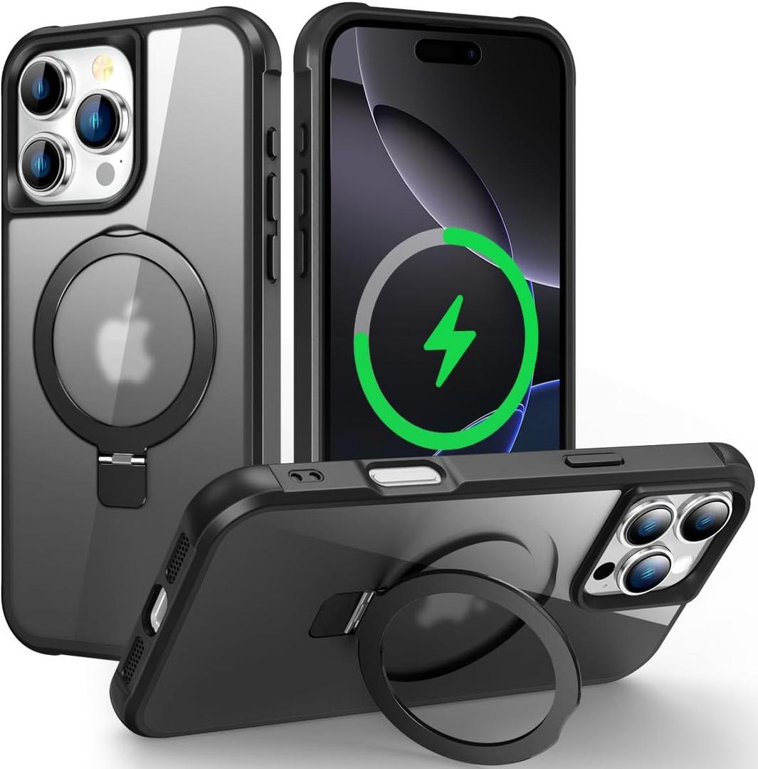 Magnetic Compatible with iPhone 16 Pro Max Case with Stand [Military Grade Drop Tested][Compatible with Magnet] Ring Translucent Slim Hard Back Soft Edge, Black