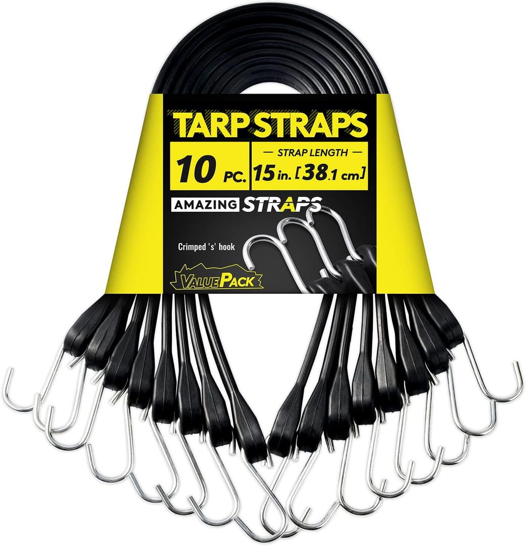 15'' Rubber Bungee Cords Heavy Duty Outdoor with 27" Max Stretch & Over 176 lbs Load, 100% EPDM Black Bungee Straps with Crimped S Hooks for Cargo, Tarps, Truck, Motorcycle, Weatherproof (50 Pack)