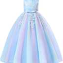 IDOPIP Sequin Flower Girl Lace Dress for Kids Wedding Pageant Party Formal Long Gown Princess First Communion Tulle Dresses (3-4 Years)