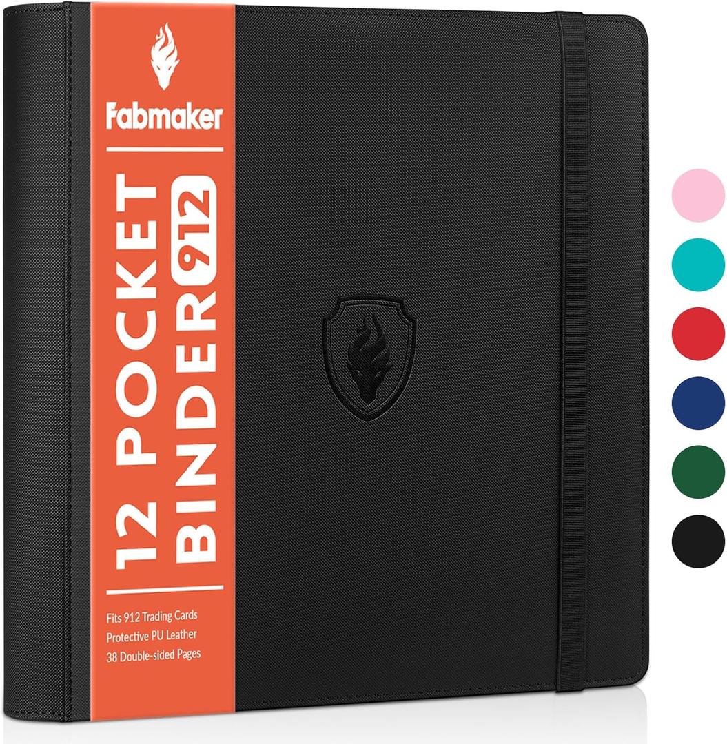 Premium 12 Pocket Card Binder for 912 Cards, Fabmaker PU Cover Trading Card Binder, Sturdy Card Collection Album, Sleek Card Holder Folders for Game Cards & Sports Cards, Black