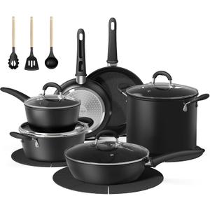 Bazova 18 Pcs Pots and Pans Set Non Stick with 12-Quart Stock Pot, Nonstick Kitchen Cookware Sets with Utensils, Large Capacity Ceramic Cookware Set, PTFE/PFAS/PFOA Free, Black