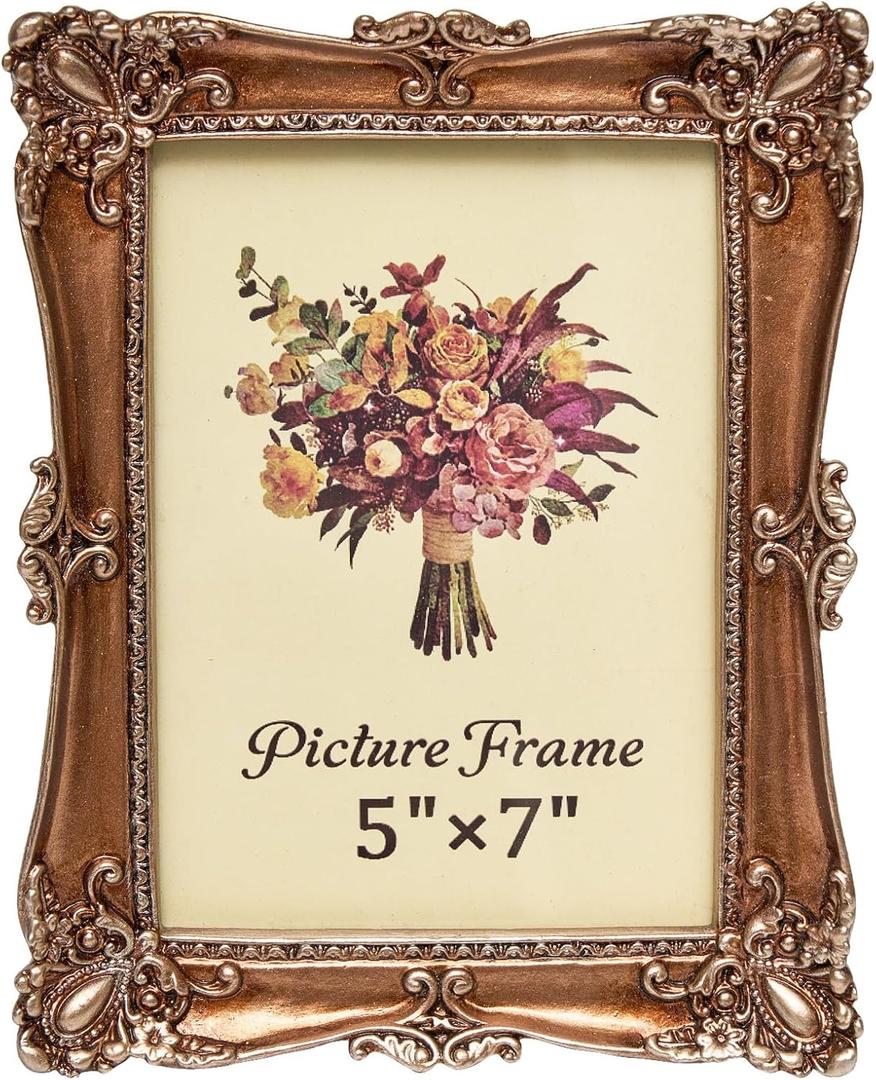 Vintage Picture Frame 5x7 Inch, Antique Ornate Photo Frames with Glass Front, Tabletop & Wall Hanging, Photo Display, Gift Ideas, Bronze