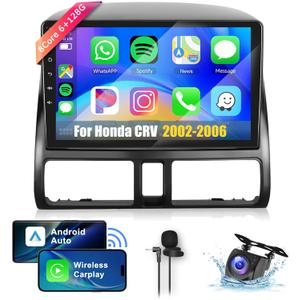 8Core 6+128G Car Stereo for Honda CRV 2002-2006 Wireless Carplay Android Auto,9 inch 1280 * 720P IPS Touch Screen Radio, Android/GPS/WiFi/32EQ DSP/Bluetooth5.0/SWC/Backup Camera