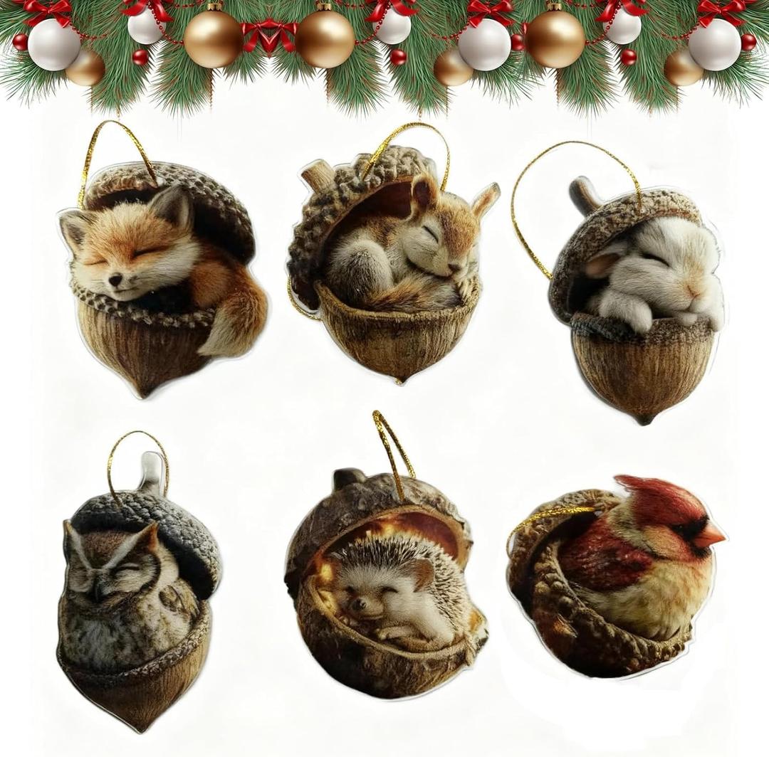 3 x Forest Animal Acorn Ornaments, Cozy Forest Christmas Ornaments, Pine Cone Animal Christmas Tree Hangning Ornaments, 2D Acrylic Christmas Decorations for Home Decor