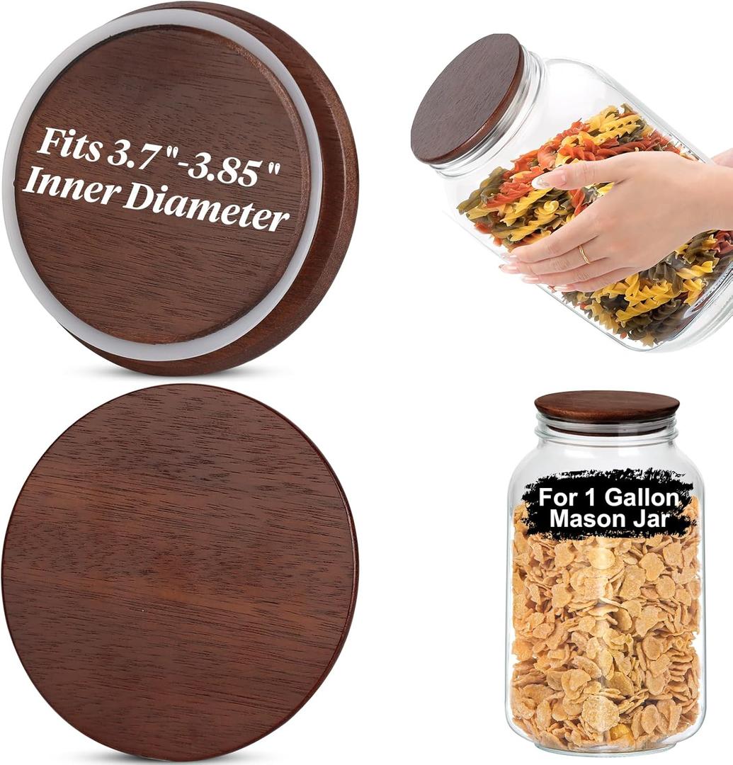 2 PCS 1 Gallon Mason Jar Lids Wooden Fits 3.7 Inch Inner Dia Replacement Mason Jar Lids Ball Glass Jar Lids Wooden Lid with Silicone Seal Canning Jars Lids Only for 1 Gallon Jars(2, Dark Acacia)