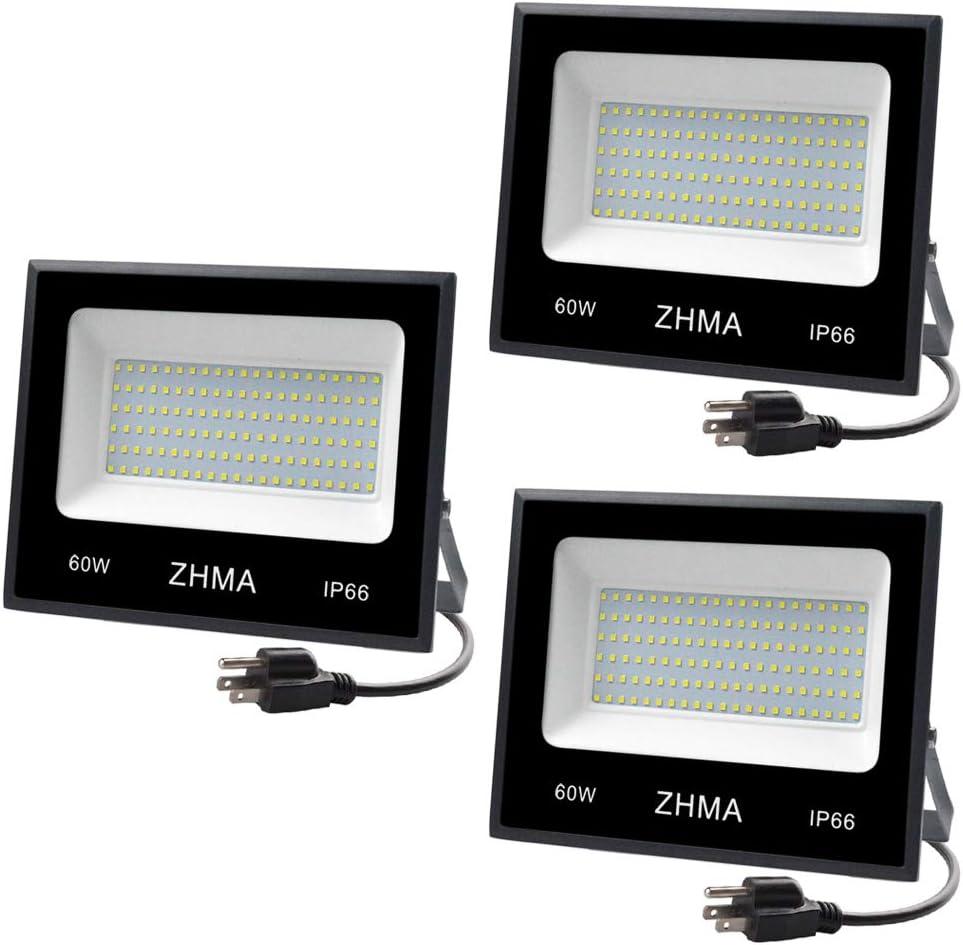 3 Pack 60W LED Flood Light with Plug(Warm White),6000lm Super Bright Security Lights, IP66 Waterproof Outdoor Landscape Floodlight for Back Yard, Garden, Playground