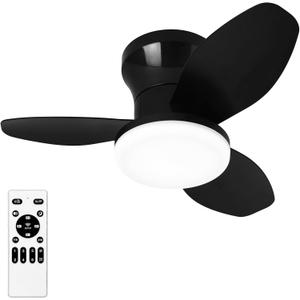 Small Ceiling Fan with Lights, 25" Flush Mount with Remote Control, Reversible Quiet DC Motor, Black, 3 Blades, 6 Speeds, Dimmable LED, Adjustable Color Temperature, Timer