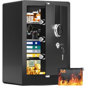 5.1 Cuft Large Biometric Fireproof Safe for Home Use, Quick-Access Fingerprint Safe Box with Fireproof Document Bag, 3 Removable Shelves and Dual Alert, Security Safety Box for Home Office