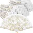 Maitys 70 Pcs Lace Floral Hand Fans Retro Elegant Chinese Folding Fan White Vintage Bridal Handheld Dancing Fan Props for Wedding Party Church Ladies Girls Favors (Gold)