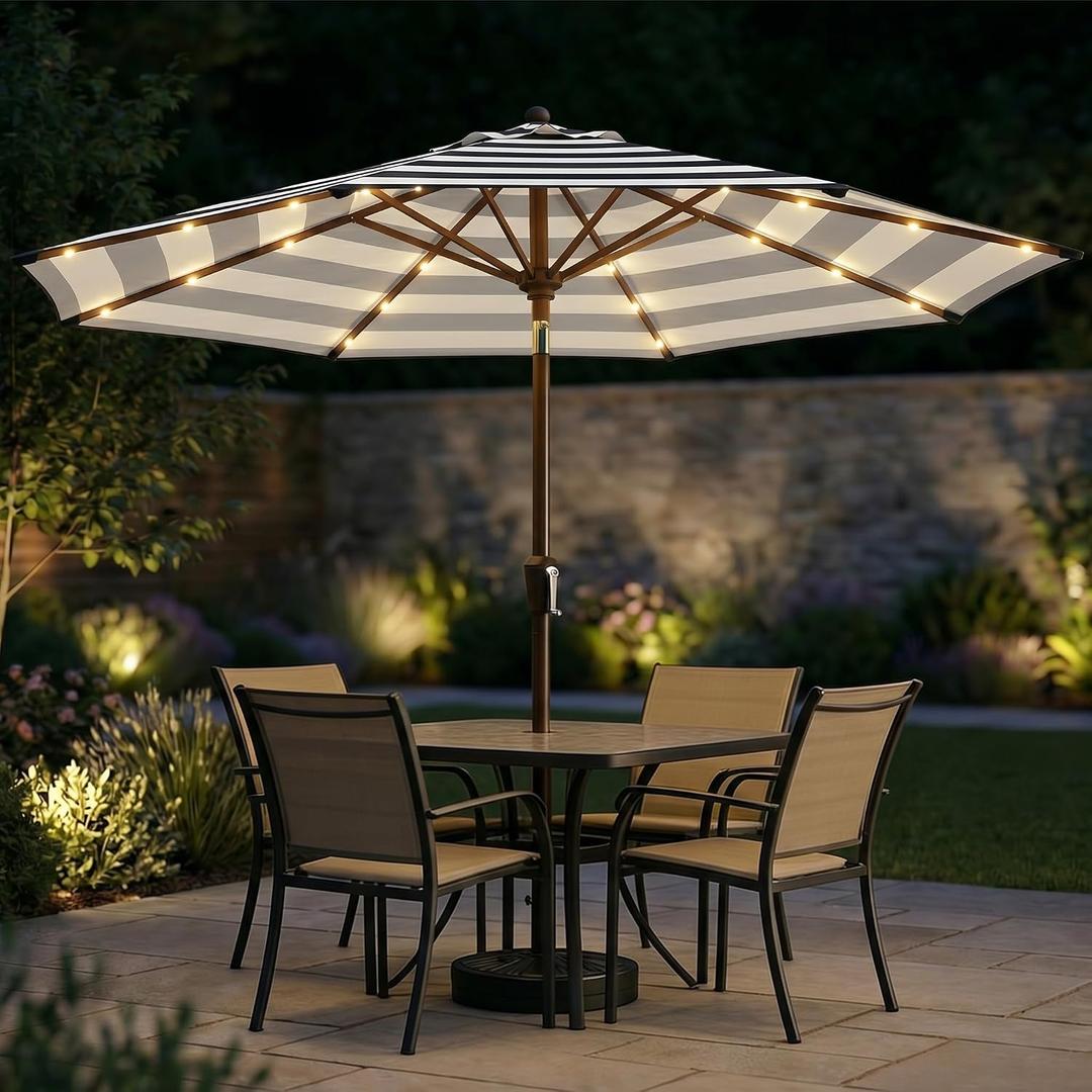 Patio Kingdom 11FT Solar Patio Umbrella with Lights, Outdoor Table Market Umbrella with 32 LED Lights, 8 Sturdy Ribs, Smooth Crank Lift for Pool, Deck and Garden, UV-Resistant, Black and White Stripe