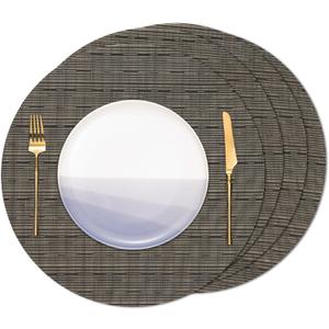 Round Placemats Set of 4 Heat Resistant Vinyl Placemats 15 inch Washable Non-Slip Table Mats Woven Place Mats for Dining Table (Black + Golden, Set of 4)