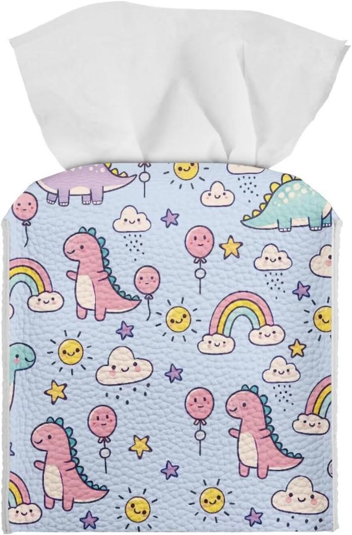 2025 Mother's Day Tissue Box Cover Cute Dinosaur Pattern Custom Tissue Box Cover for Tabletop Bathroom Car Office Decoration 5.1 x 5.1 X 5.5 Inch Blue