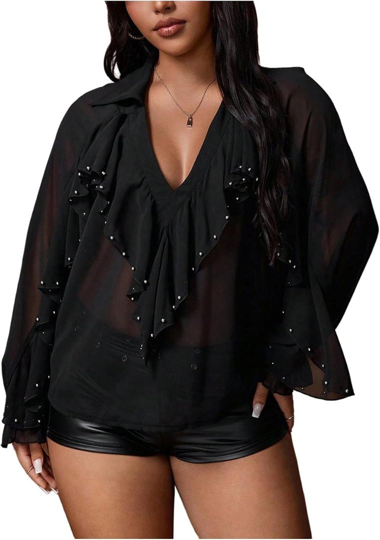 OYOANGLE Women's Plus Size Studded Ruffle Blouse Rave Tops Bishop Sleeve Deep V Neck Mesh Shirts (Black, 3XL)