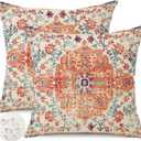 Outdoor Waterproof Pillow Covers 16X16 Inch Set of 2 - Bohemian Vintage Carpet Pattern Orange Blue Ethnic Design Decorative Farmhouse for Couch Garden Balcony