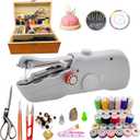 Handheld Sewing Machine with Exquisite Wooden Storage Box & 142-Piece Sewing Kit - Electric Switch, Dual Power Supply, Assorted Needles, Threads, Heavy Duty Scissors - Meets All Household Sewing Needs