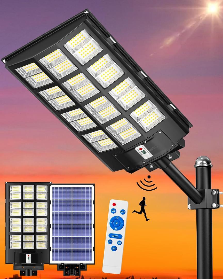 Gefolly Solar Street Lights Outdoor, Commercial Parking Lot Light, 6500K Dusk to Dawn IP67 Security Flood Lights Motion Sensor Led Lamp for Basketball Court, Road, Yard (SL-6000W, 600000LM)