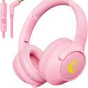 Kids Headphones with Microphone for School, 85/94 dB Volume Limit, Wired Over Ear Girls Headphones for Kids with Stereo Sound 3.5mm Wired Cord for Kindle Tablet Airplane Travel, Pink