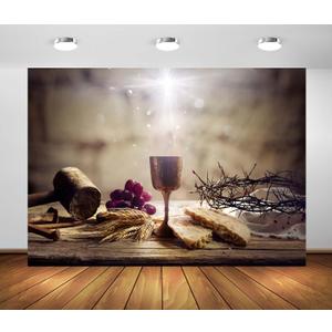 BELECO 7x5ft Fabric Holy Communion Backdrop Last Supper of Jesus with Passion, Communion and Calvary - Holy Grail and Bread with Crown of Thorns Background Church Decor Banner Photo Studio Props