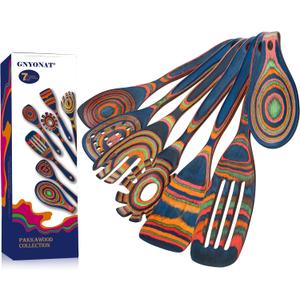 Pakkawood Blue Wooden Kitchen Utensil Set, 7-Piece Cooking Spoons, Non-Stick Colorful Serving Tools with Decorative Pattern