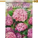 Hzppyz Welcome Spring Summer Hydrangea House Flag Double Sided, Pink Floral Flower Decorative Garden Yard Outdoor Large Decor, Seasonal Burlap Home Outside Decoration 28 x 40