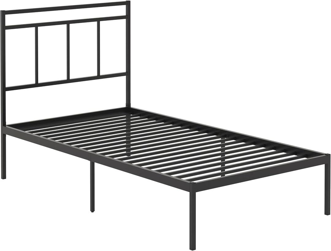 Twin Platform Bed with Headboard, Black Finish