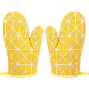 Yellow Checkered Oven Mittens, Heat-Resistant, Cute Checkered Oven Mittens,Oven Mitts and Pot Holders Sets for Baking, Grilling & Microwave Anti-Slip Silicone Kitchen Gloves 1 Pair 7 "x12.5