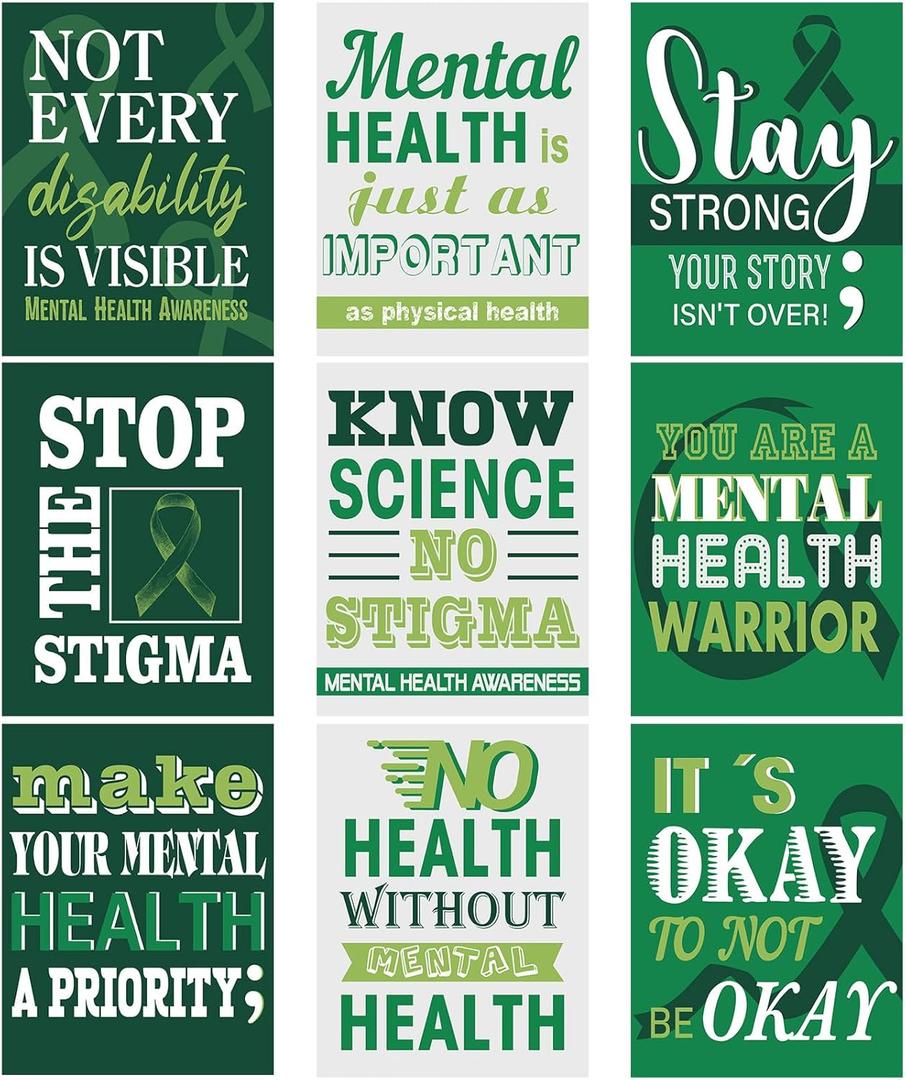 2 x 9 Pcs 17 x 22'' Large Green Mental Health Awareness Posters for Classroom Decoration Items Psychology Educational Therapy Bulletin Board Wall Mental Health Ribbon Decor for School Office Supply