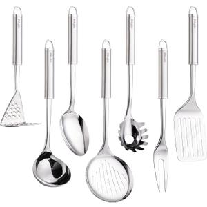 HIFIND Stainless Steel Cooking Utensils 7PCS Kitchen Utensils Set, Heat Resistant Handle Utensils Set Included Ladle, Meat Fork, Slotted Spatula, Pasta Fork, Masher, Solid Spoon, Skimmer Spoon
