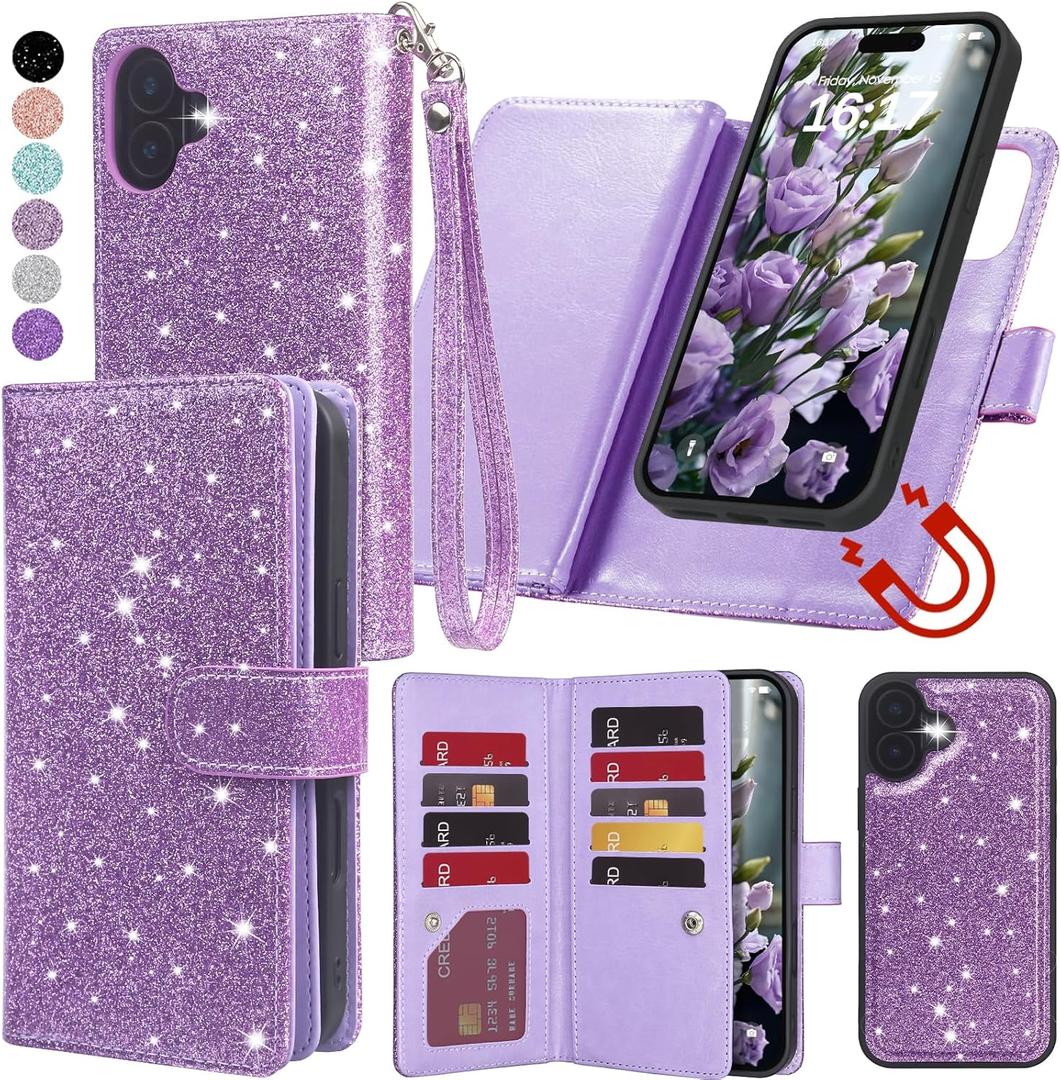 Varikke for iPhone 16 Wallet Case Detachable with RFID Blocking Card Holder for Women, Glitter PU Leather Wrist Strap Strong Magnetic Flip Wallet Removable Phone Case for iPhone 16 6.1", Light Purple