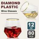 Goodluck 80 PCS Diamond Stemless Plastic Wine Whiskey Glasses, 12 Oz Disposable Cocktail Glasses, Suitable for Weddings, Birthday Parties, Family Gatherings, Bars, etc Gold rimmed cups