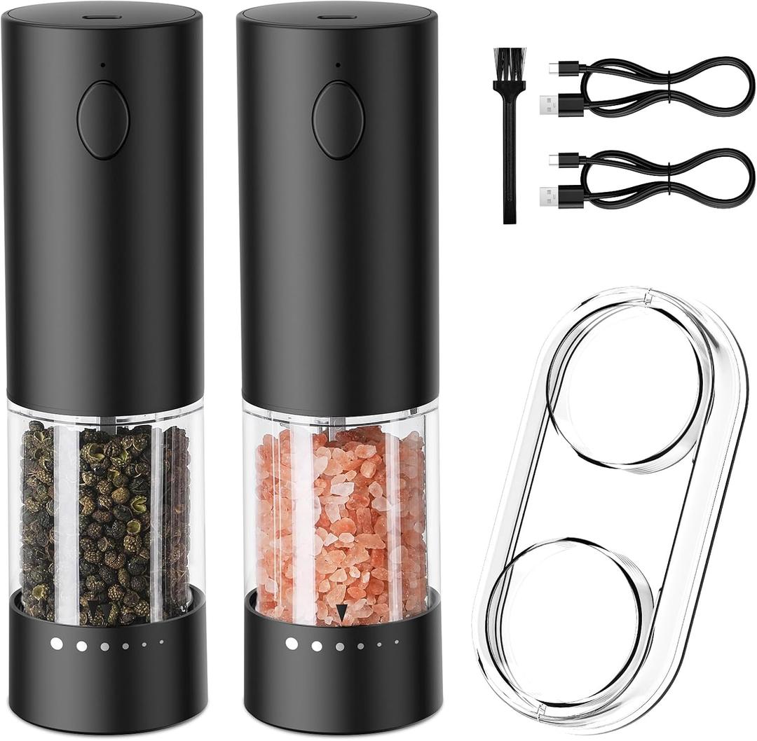 Electric Salt and Pepper Grinder Set  USB Rechargeable Automatic Grinder Set with LED Light, 6 Adjustable Coarseness Levels, Large Capacity, 2-Pack Electric Salt and Pepper Shakers