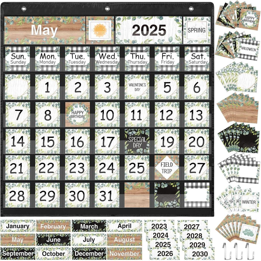 Fulmoon Classroom Calendar Pocket Chart Set Calendar Bulletin Board Set with Pocket Seasons Festival Weather Date Bag Chart for Classroom Decoration Back to School Supplie(Black,Eucalyptus)