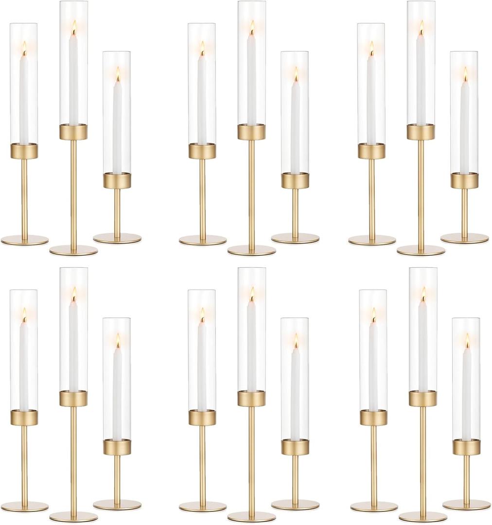 Glass Hurricane Candlestick Holders Gold - Romadedi 18 PCS Taper Candle Holder Bulk Tall Clear Glass Cylinder Table Centerpiece Wedding Decor Party Birthday Christmas Home Decorations