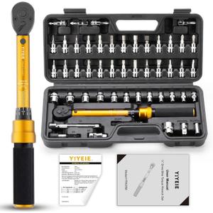 YIYEIE 50Pcs Master Bike Torque Wrench Set, 1/4 Inch Drive, 10-230 IN.LB (1-26.0 Nm), Inch Pound Click Torque Wrench with Bit Sockets, 0.1 Nm Micro, 3/8 Adapter, Pro Bicycle Tool Kit for MTB