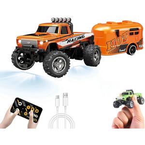Mini RC Car, 1/64 Scale Mini Remote Control Monster Truck with Trailer, 2.4Ghz & APP Remote Control, Rechargeable Alloy Shell Mini RC Cars with Lights, Speed/Steering Adjustable (Orange)