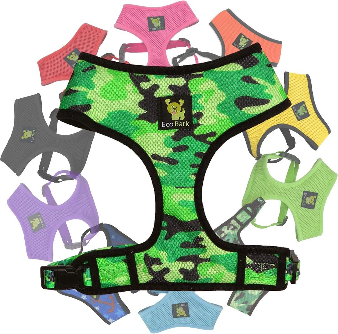 EcoBark Dog Harness - Eco-Friendly Max Comfort Harnesses - Luxurious Soft Mesh Halter - Over The Head Harness Vest- No Pull and No Choke for Puppy, Toy Breeds & Small Dogs (Medium, Camo)