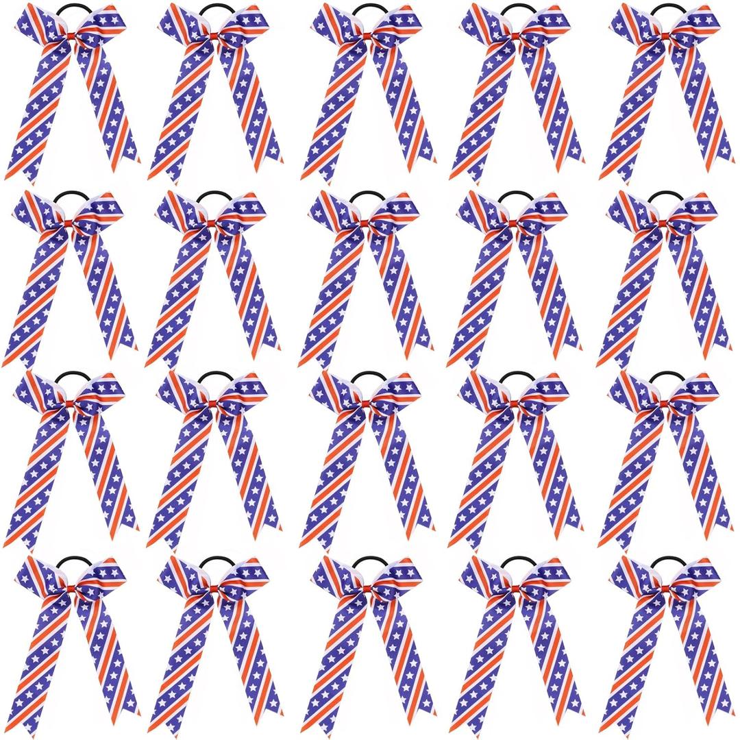 Hipcheer 20pcs Collegiate Style USA Cheer Bows for Girls, Long Tail Skinny Cheer Bow Ponytail Holder Handmade Bows for Girls Teens Softball Cheerleader Sports (Red Blue White)