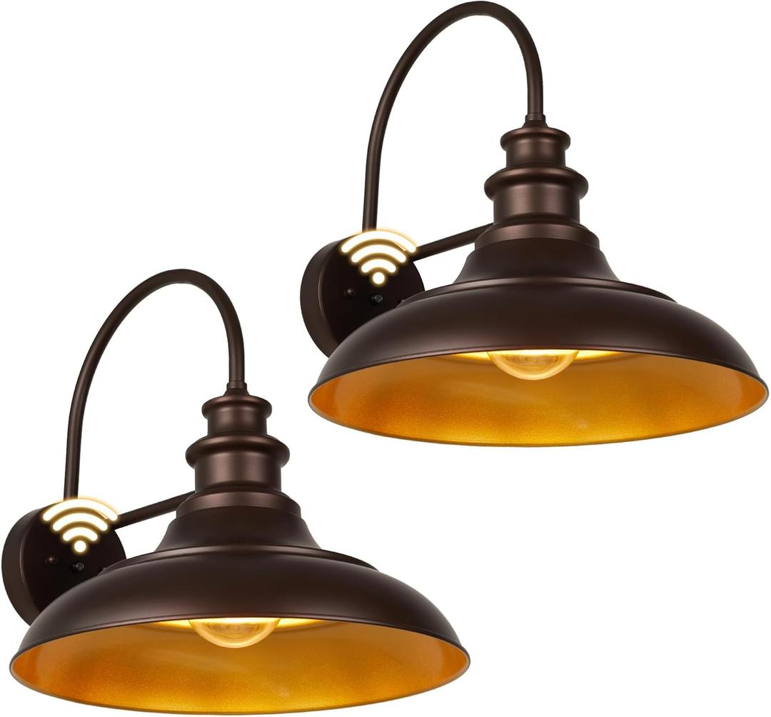 Dusk to Dawn Sensor Outdoor Barn Light Fixtures, 16 Inch Dome Farmhouse Outdoor Wall Sconces, Rustic Gooseneck Exterior Wall Mount Lights, Industrial Bronze Gold Wall Lanterns for Porch, 2 Pack