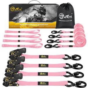 4Pcs Ratchet Tie Down Straps Kit for 2400lb Break Strength | 1 x 16FT Tie Down Straps with Soft Loop Tie-Downs & Safety S Hook - Cargo Strap Tie Down for Trucks, Motorcycle, Moving, Appliances - Pink
