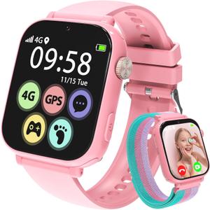 AXYWINBO Kids Smart Watch for Girls Boys 4g GPS Call Text-Smart Watch for Kids Game Camera Pedometer Alarm Clock Calculator-Kid Watches for Girls Boys 4-12 Ages Gifts Pink