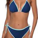 Zonsaoja Women String Bikini Halter Side Tie Two Piece Swimsuit Color Block Triangle Bathing Suits (Small)