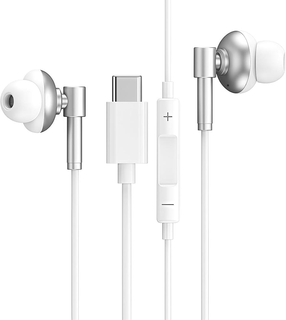 USB-C Wired Earphones with Microphone, Noise Canceling, Volume Control, Compatible with Galaxy S25 S24 S23 S22, iPhone 16 15, Pixel Phones (White)